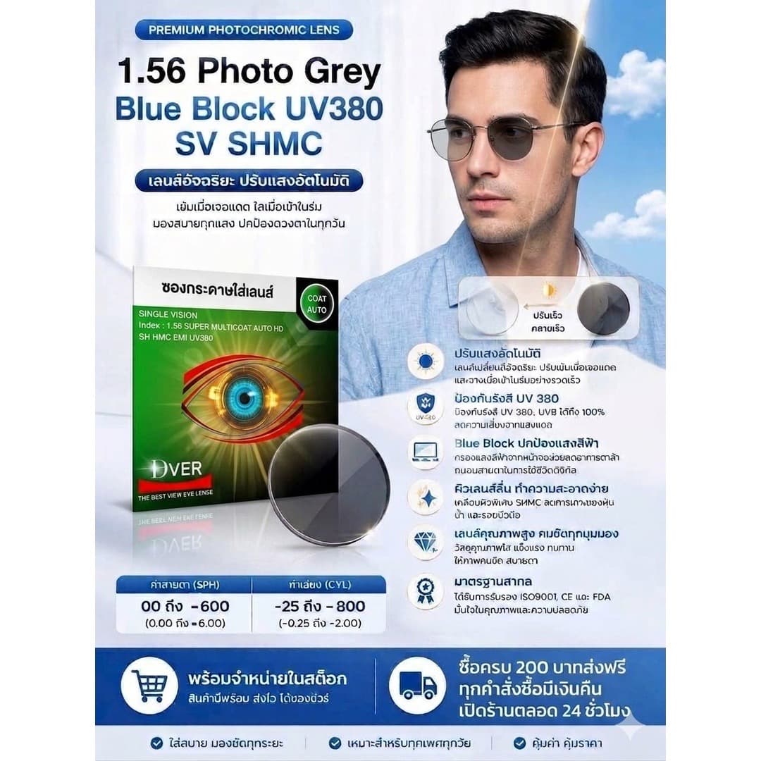 1.56 (SPH +4.00 ถึง -8.00 / ไม่มีค่าสายตาเอียง) Super HMC Multicoat Auto HD EMI SH UV 380 หน่วยการสั่ง เป็นข้าง - ภาพที่ 3
